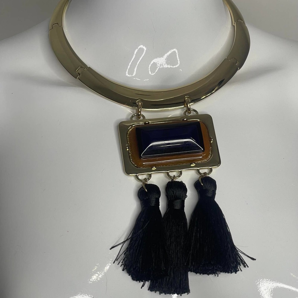 gold tone and navy blue statement necklace Chico's signed jewelry bold classic